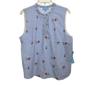 NWT Draper James Blouse Sleeveless Embroidered Cherry Striped Size Large Preppy